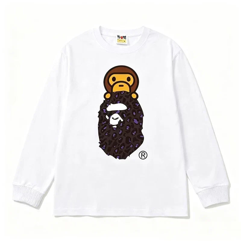 BAPE Style Baby Milo on Dark Leopard Camo Ape Head Long-Sleeve Tee - White/Dark Leopard