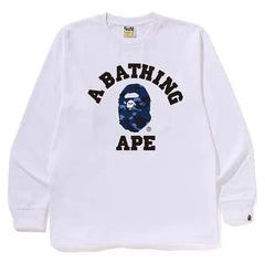BAPE Style Collegiate Arc Logo & Camo Ape Head Long-Sleeve Tee - White/Blue