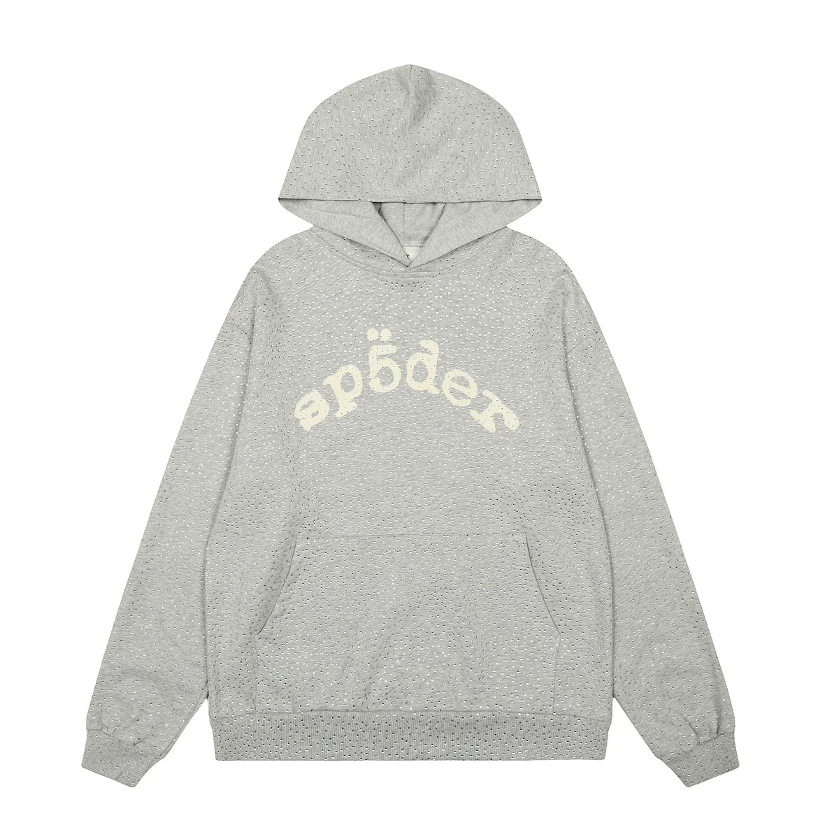 Sp5der Rhinestone Letter Graphic Grey Pullover Hoodie